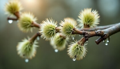 Obraz premium Willow catkins with water droplets in macro against soft background