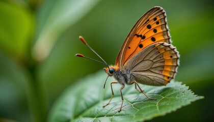 Obraz premium Butterfly on leaf in high-resolution close-up with intricate wing details