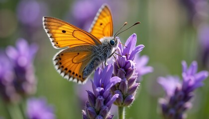 Fototapeta premium Butterfly on purple lavender bloom in close-up with vibrant colors
