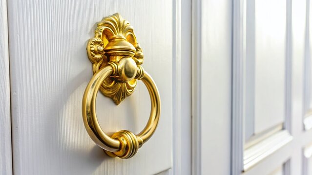 Minimalist Golden Door Knocker on a Plain White Door - Stock Photo