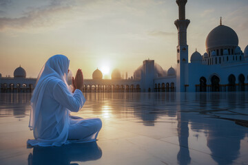 Woman in white praying at sunrise in front of a grand mosque, reflecting spirituality and serenity.