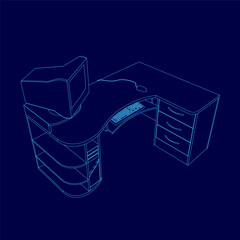 Blue drawing of a computer desk with a keyboard and mouse. The desk is designed to be ergonomic and comfortable for long periods of use
