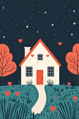 Cozy Illustrated House with Trees and Hearts under Starry Night Sky