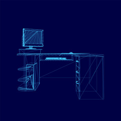 Blue computer desk with a monitor and keyboard on top. The desk is designed to be a workstation for a computer user