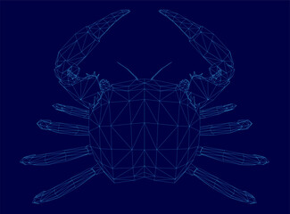 Blue crab with a claw is shown in a blue background. The crab is made up of many small dots, giving it a 3D appearance. Concept of depth and intricacy, as well as a playful