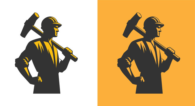 Industrial worker with hammer, construction workers symbol for labor day. Clean, bold, black vector artwork. Construction worker logo vector art. Worker construction for labor day.