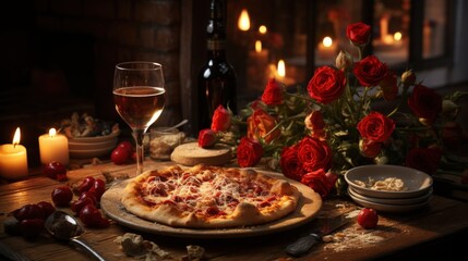 Romantic Candlelit Dinner with Fresh Pizza, a Glass of Wine, and Beautiful Red Roses in an Intimate Setting for Two