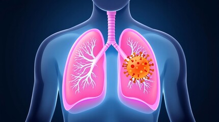 3D medical visualization of human respiratory system with virus representation of Human Metapneumovirus HMPV