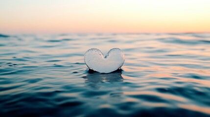 Fototapeta premium Heart-shaped glass floats gently on calm ocean water at sunset. Serene and peaceful.
