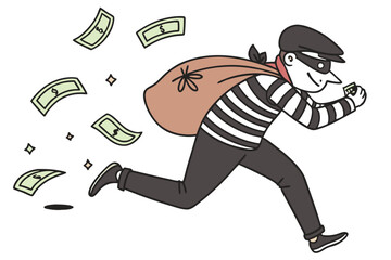 cartoon burglar, side view, running pose, striped shirt, black cap, brown sack, floating money, minimalist style, white background, vector illustration, flat design, thief character, comic art, 2D ani