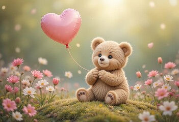 Fototapeta premium Teddy Bear Holding Heart-Shaped Balloon in a Meadow for Valentine's Day