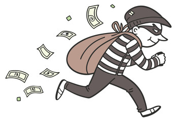cartoon burglar, side view, running pose, striped shirt, black cap, brown sack, floating money, minimalist style, white background, vector illustration, flat design, thief character, comic art, 2D ani