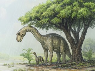 Obraz premium Dinosaurs Sheltering Under a Tree in a Rainy Prehistoric Landscape