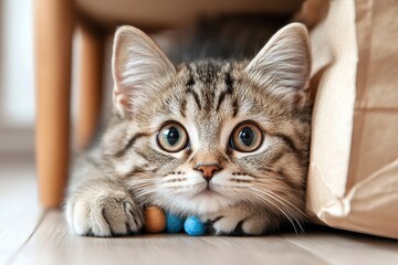 Naklejka premium A striped kitten is lying on the floor, curiously peering out from under a chair while playing with small colorful balls. Sunlight illuminates the cozy room
