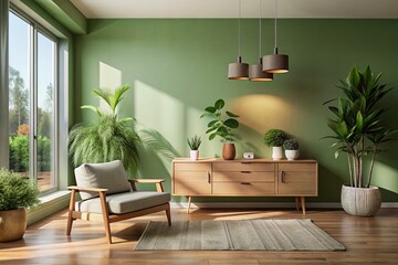 Minimalist Living Room Interior Design: Sage Green Walls, Wooden Sideboard, Natural Light