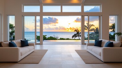 Fototapeta premium A modern living room with large windows showcasing a stunning ocean view at sunset, featuring cozy sofas and a serene atmosphere.