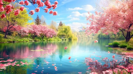 Serene Spring Lake with Pink Cherry Blossoms, Floating Flowers, and Lush Green Grass under a Clear Blue Sky