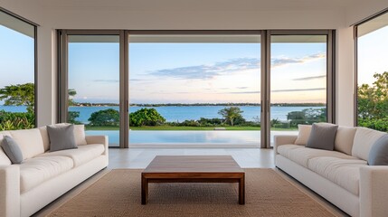 Naklejka premium A modern living room with white sofas and a wooden coffee table, featuring large windows that offer a scenic view of the water and sky.