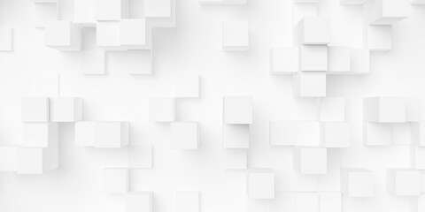 Sparsely arranged random height scaled cubes or boxes perspective view geometry background wallpaper banner, flat lay