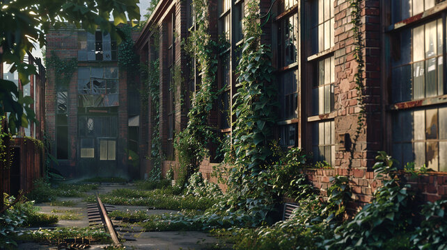 Red Brick Factory: Red brick factory walls covered in ivy, hinting at the building’s abandonment as nature reclaims the space. - Powered by Adobe