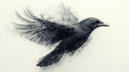 Fototapeta premium Black Crow in Motion Against Minimalist Background. Generative AI