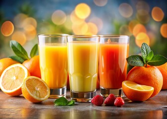 Minimalist Orange Juice Still Life: Three Glasses & Fresh Fruit