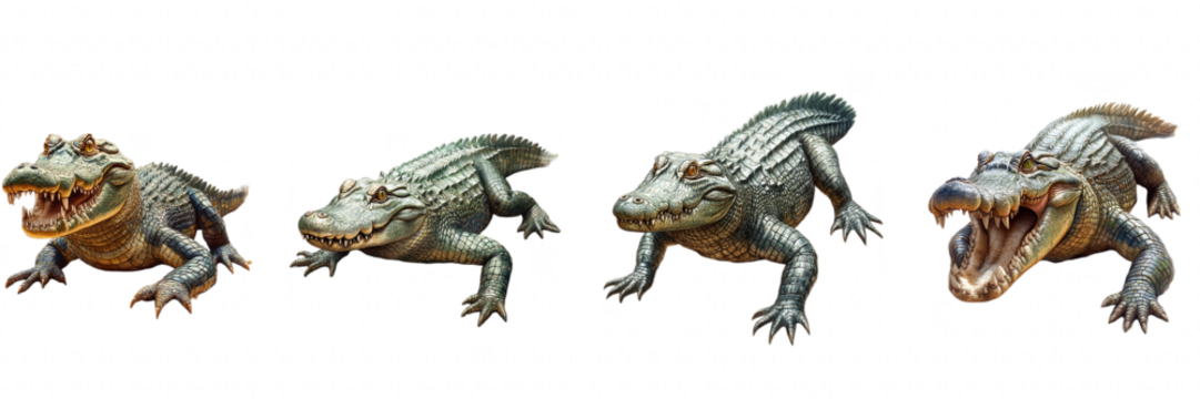 Crocodile Figurine Collection, Four Unique Poses, Diverse Expressions, Ornamental Display, Natural Finish Isolated on white background or PNG