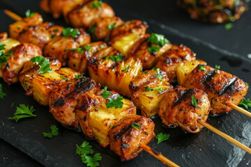 Grilled chicken skewers with pineapple and fresh herbs on black slate platter