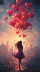 Adorable girl with heart-shaped baloons