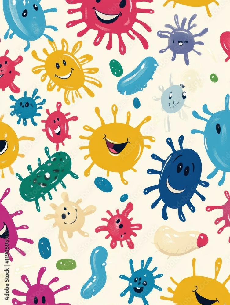 Fototapete cartoon microbes in vibrant colors displaying joy through smiles and quirky shapes for a playful atm