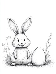 Obraz premium Easter Bunny with Egg: An adorable hand-drawn illustration of a happy Easter bunny sitting beside a large egg in a field of grass. Perfect for Easter cards, children's books.