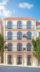 Fototapeta premium Elegant Four-Story Building Facade Bathed in Sunshine with Clear Blue Sky Background