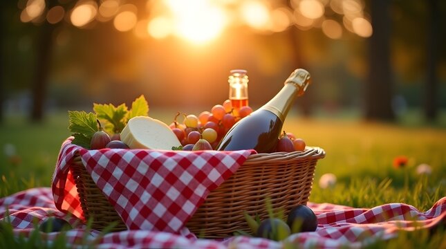 Wicker picnic basket with red and white cloth, champagne, brie cheese, grapes, and figs in serene sunset setting