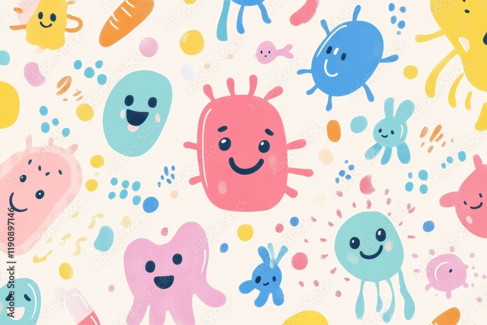 Poster Joyful cartoon microbes smiling in a colorful design on a light background. Generative AI