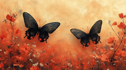 Elegant butterfly silhouettes with vibrant floral background. Generative AI