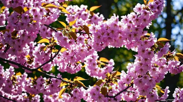 Pink cherry tree blossom flowers blooming in spring, easter time against a natural sunny blurred garden