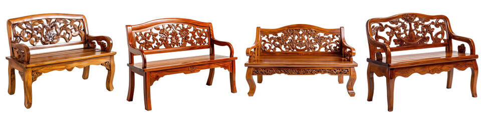 Elegant Wooden Benches with Intricate Carvings and Designs