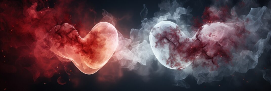 Abstract representation of two intertwining hearts surrounded by colorful smoke, depicting love and emotion in a captivating artistic style