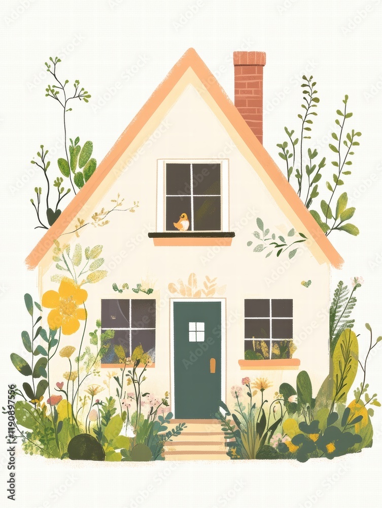 Aufkleber cozy silhouette of a charming house surrounded by a vibrant garden with a warm atmosphere and inviti