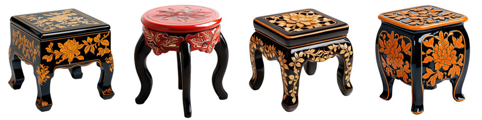 Decorative Wooden Stools with Intricate Floral Designs and Colors