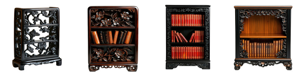 Ornate Wooden Bookshelves with Intricate Carvings and Designs