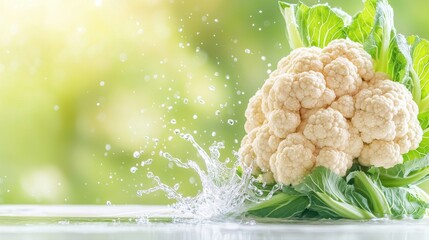 Fresh cauliflower splashes into water, surrounded by green leaves, showcasing its vibrant, healthy appeal against a soft, blurred background.
