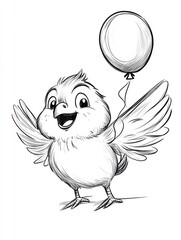 Obraz premium A whimsical illustration of a cheerful little bird with big eyes and outstretched wings holding a balloon, capturing a sense of joy and playfulness.