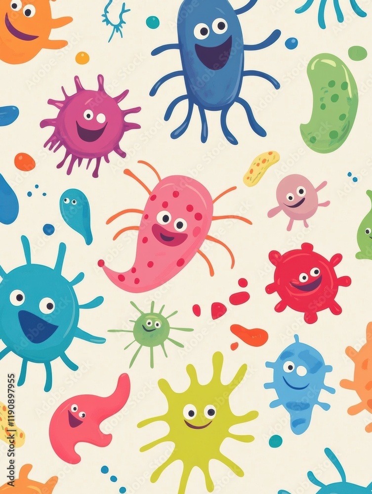 Fototapete Cartoon microbes display joyful expressions in colorful patterns across a light background. Generative AI