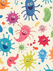 Cartoon microbes display joyful expressions in colorful patterns across a light background. Generative AI