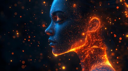 Abstract glowing human profile with digital particles. Generative AI