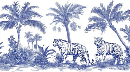 blue tiger print and vintage wildlife tropical wallpaper featuring elegant indigo tigers and palm trees in hand-drawn blue and white toile pattern with exotic jungle design © Asim-Backgrounds