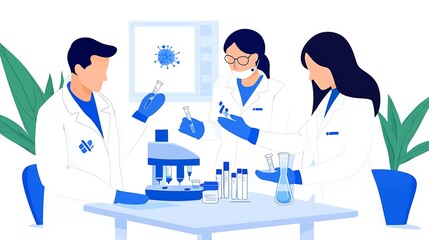 Scientists conducting laboratory experiments with test tubes and a microscope in a modern lab setting