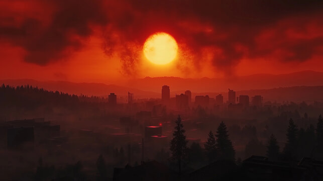 A crimson sunset casts a haunting glow over a city silhouette, enveloped in smoke and mystery, evoking feelings of dystopia and urgency.