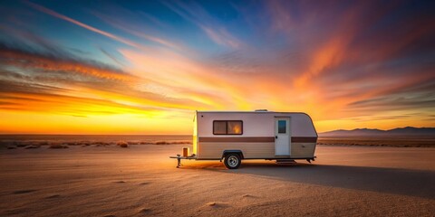 Minimalist Trailer Park Sunset, Lonely Road,  Desert Landscape,  Hitching Post,  Travel Solitude